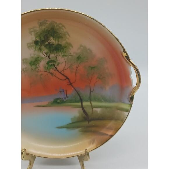 VTG Noritake Handled Hand Painted Round Serving Plate Landscape Tree in Meadow - Picture 3 of 9